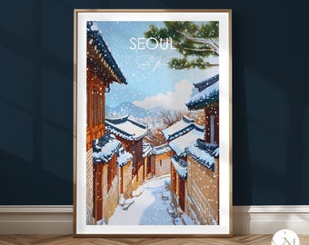 Seoul Winter Travel Print - Bukchon Hanok | Korean Traditional Village Poster | Korean Architectural Art | Winter Mood