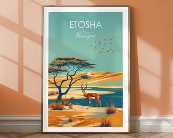 May include: A vintage travel poster featuring a stylized illustration of a desert landscape with a tree, a lake, and a gazelle. The poster has the text "Etosha National Park" in a white sans-serif font.