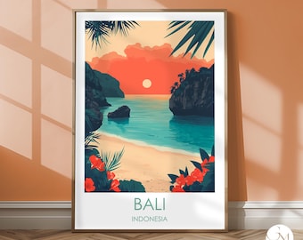 Bali Travel Print – Indonesia Travel Poster with Tropical Beach, Sunset and Palm Trees as Vintage Wall Art – Gift | Home Decor