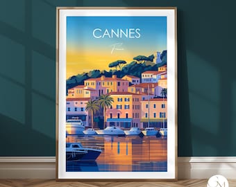 Cannes Travel Print France – Côte d’Azur Travel Poster – Southern France | Sea, Harbor, Yachts, Mediterranean Wall Art | Home Decor