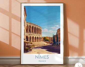 Nîmes Poster France Travel Print Nîmes Travel Poster – Historic Arena Wall Art for Lovers of Southern France