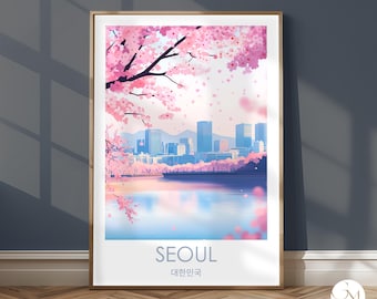 Seoul Travel Print – South Korea Poster with Skyline & Cherry Blossoms – Lake Seokchon – Aesthetic Spring Decoration for Globetrotters