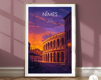 Nîmes Travel Print France Travel Poster – Nîmes Elegant wall art of the Roman Arena at dusk