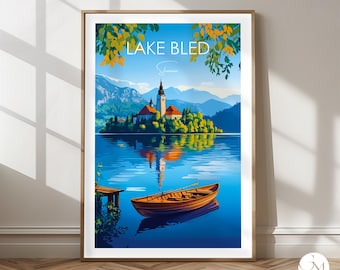 Poster di viaggio sul lago di Bled | Slovenia Bled | Poster sul lago di Bled | Stampa sulla natura alpina | Arte murale con paesaggi in Slovenia