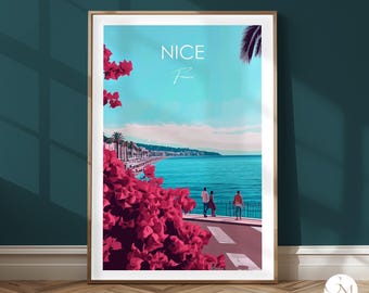 Nice Travel Print France Poster – Promenade des Anglais, Vintage Côte d’Azur – Palm Trees, Sea, Holiday Memories – Southern France Art