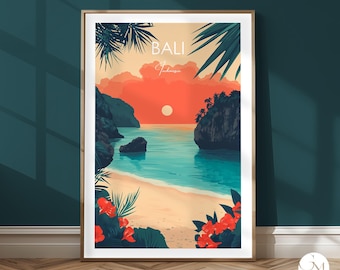 Bali Travel Print – Indonesia Poster – Tropical Beach and Sunset – Nostalgic Wall Art – Gift | Home Decor