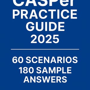 Könnte beinhalten: Blauer Hintergrund mit weißem Text. Der Text lautet "CASPer PRACTICE GUIDE 2025" über einer Linie. Darunter steht "60 SZENARIEN 180 BEISPIELANTWORTEN" und "MED SCHOOL MMI PREP."