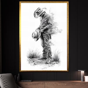 Black and White Cowboy Canvas Painting, Western Wall Art, Rustic Home Decor, Vintage Cowboy Art, Wild West Decor, Perfect Gift