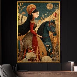 Ethnic Woman with Horse Canvas Painting, Traditional Costume Wall Art, Ethnic Poster, Elegant Oriental Patterned Artwork, Perfect Gift