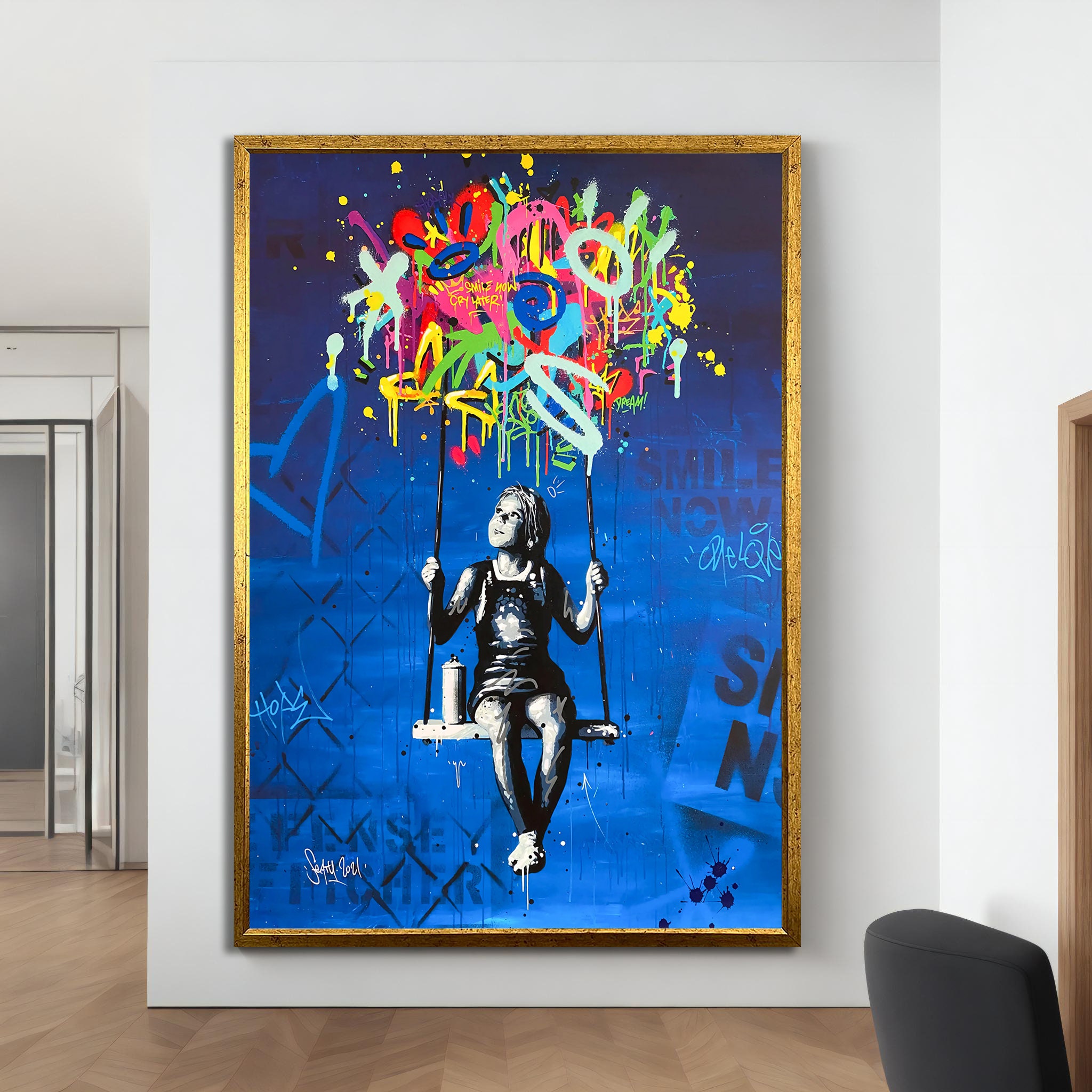 Vibrant Banksy-inspired Graffiti Swing Girl Canvas Art - Bold