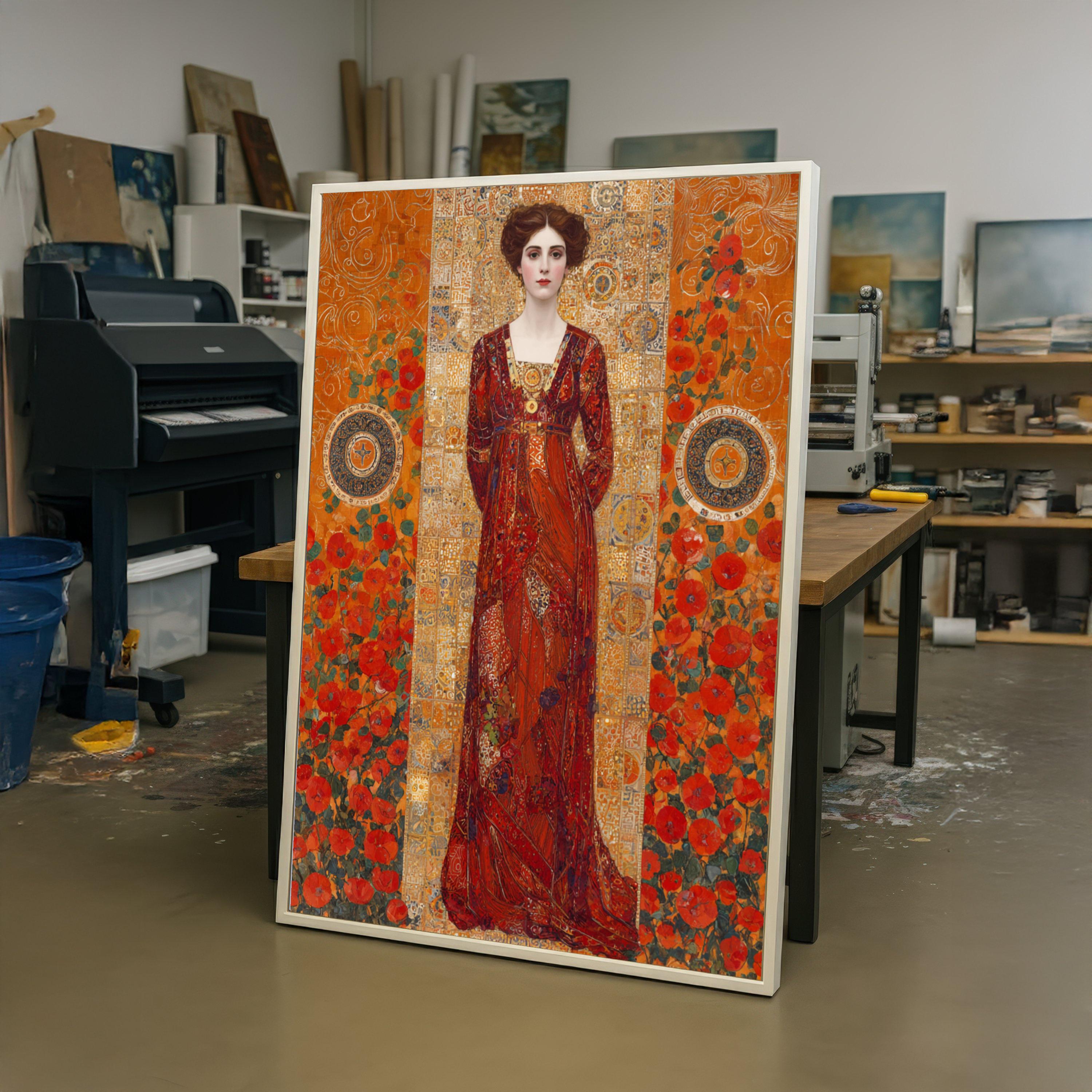 Gustav Klimt Style Portrait Canvas, Woman in Red Dress Wall Art ...