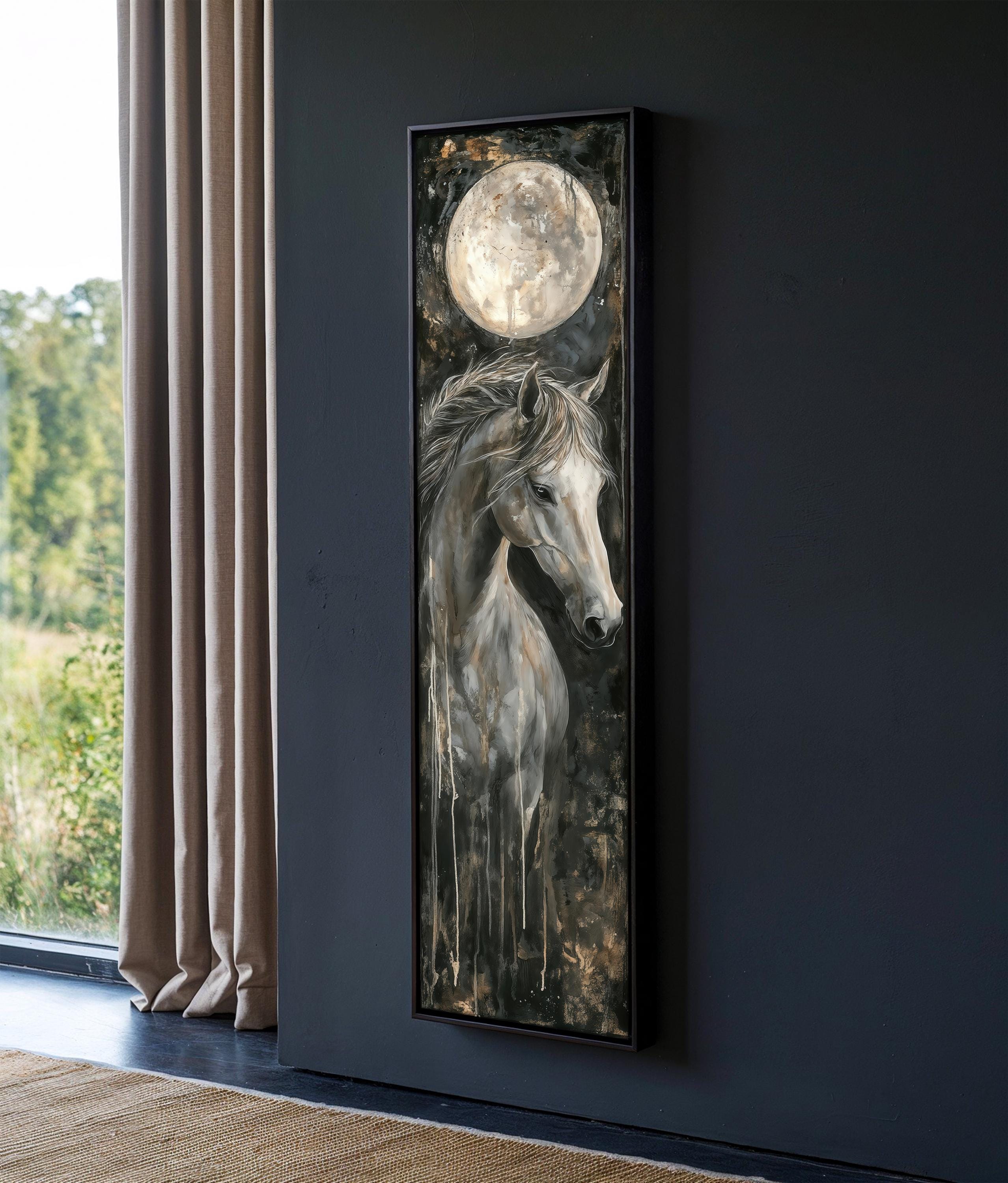 Moonlit Horse Canvas Painting, Majestic Equine Wall Art, Large Horse Decor, Full Moon Artwork, Elegant Animal Art Gift, Luxury Decor