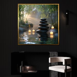 Dipinto su tela "Giardino Zen", decorazione murale con bambù e candele, scena di pietre pacifiche nell'acqua, decorazione rilassante ispirata alla natura, regalo d'arte tranquilla