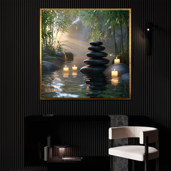 Zen Garden Canvas Painting, Bamboo And Candle Wall Art, Peaceful Stones In Water Scene, Nature Inspired Relaxing Decor, Tranquil Art Gift