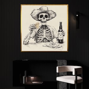 Skeleton Cowboy Canvas Painting, Day of the Dead Wall Art, Mexican Skull Decor, Cowboy Canvas, Funny Skeleton Artwork, Unique Gift