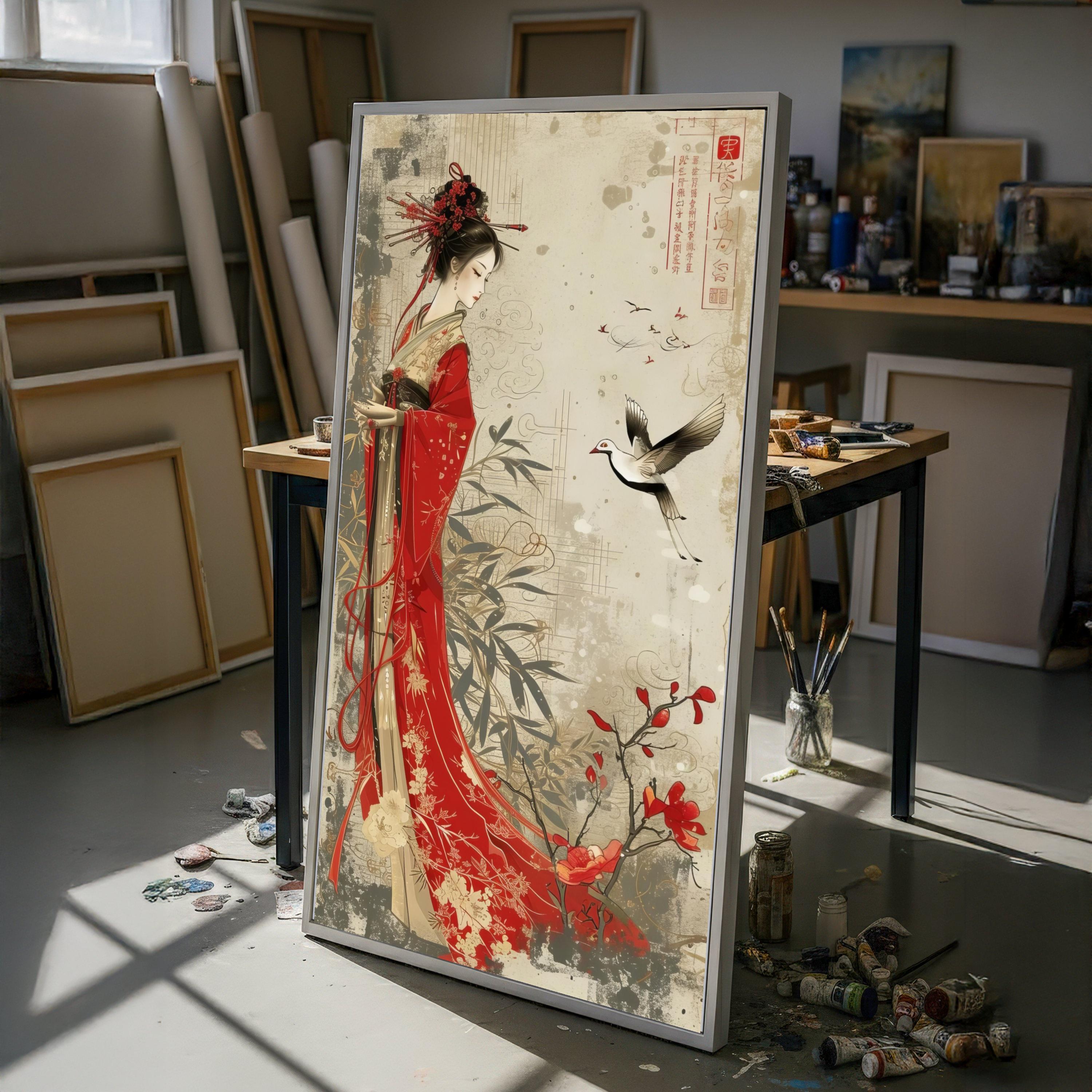 赤い着物を着たエレガントな芸者キャンバス、アジアの女性アート、伝統