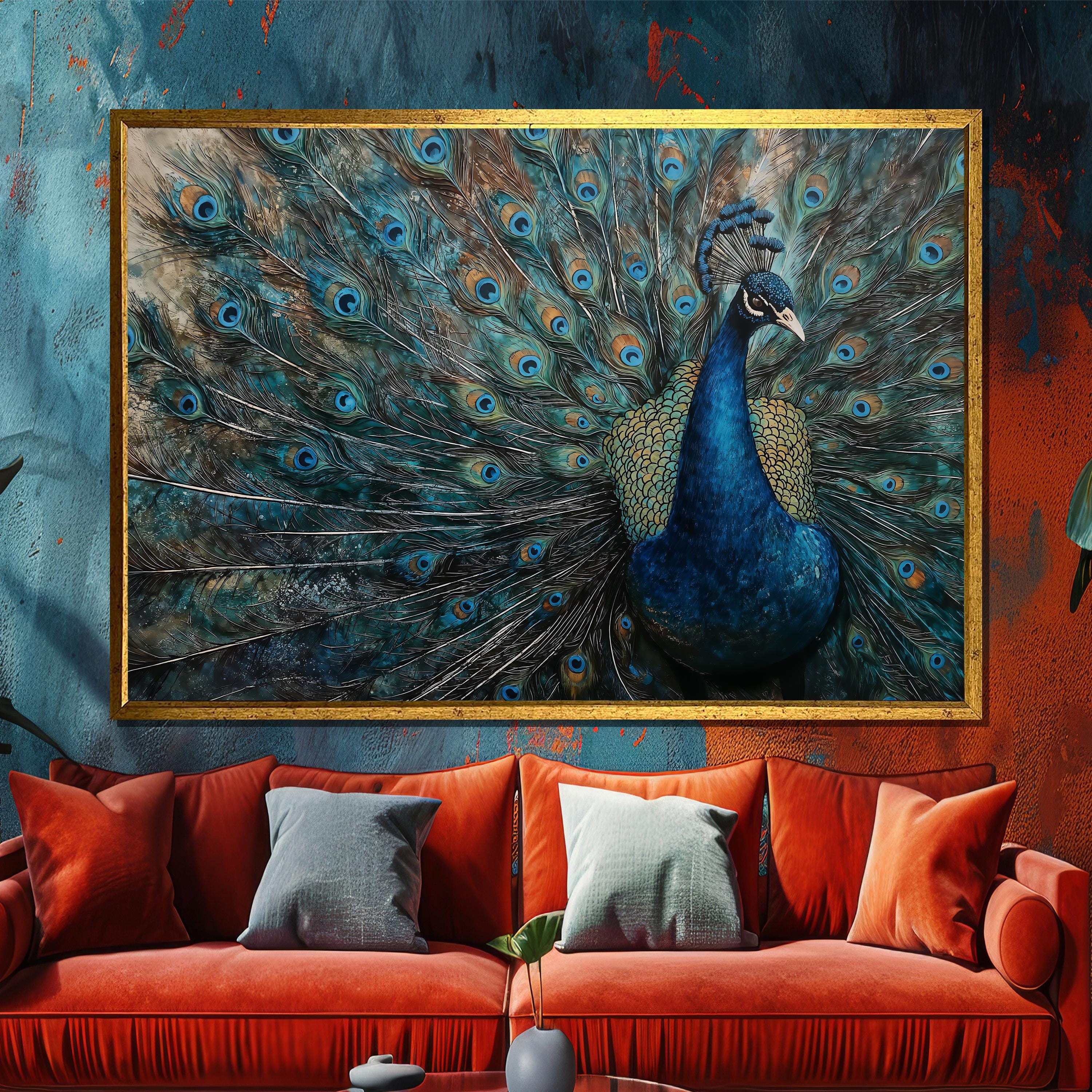 Luxury Peacock Canvas Painting With Vibrant Blue Feathers, Elegant Wall Art For Living Room, Exotic Bird Portrait, Unique Gift Idea