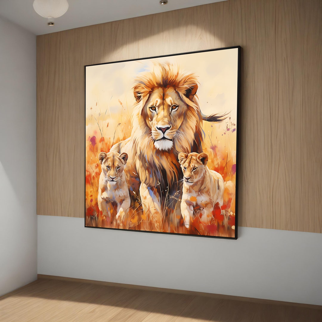 Regal Lion Family Canvas Painting: Stunning Wildlife Safari Art - Ideal ...