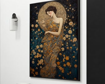Pintura estilo Gustav Klimt, Mujer sensual &#39;El jardín nocturno&#39;, regalo único de decoración del hogar