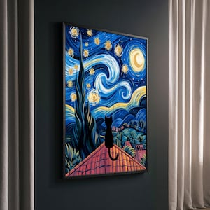 Sternenklare Nacht Katze Leinwand Gemälde Geschenk - Wunderliche Nachthimmel Kunst für Wohnkultur, perfektes Geschenk für Katzenliebhaber und Kunstbegeisterte