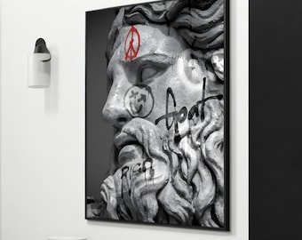 Bold Graffiti Art on Classical Statue Canvas Painting, Banksy Style Urban Decor, Unique Street Art Gift for Modern Spaces