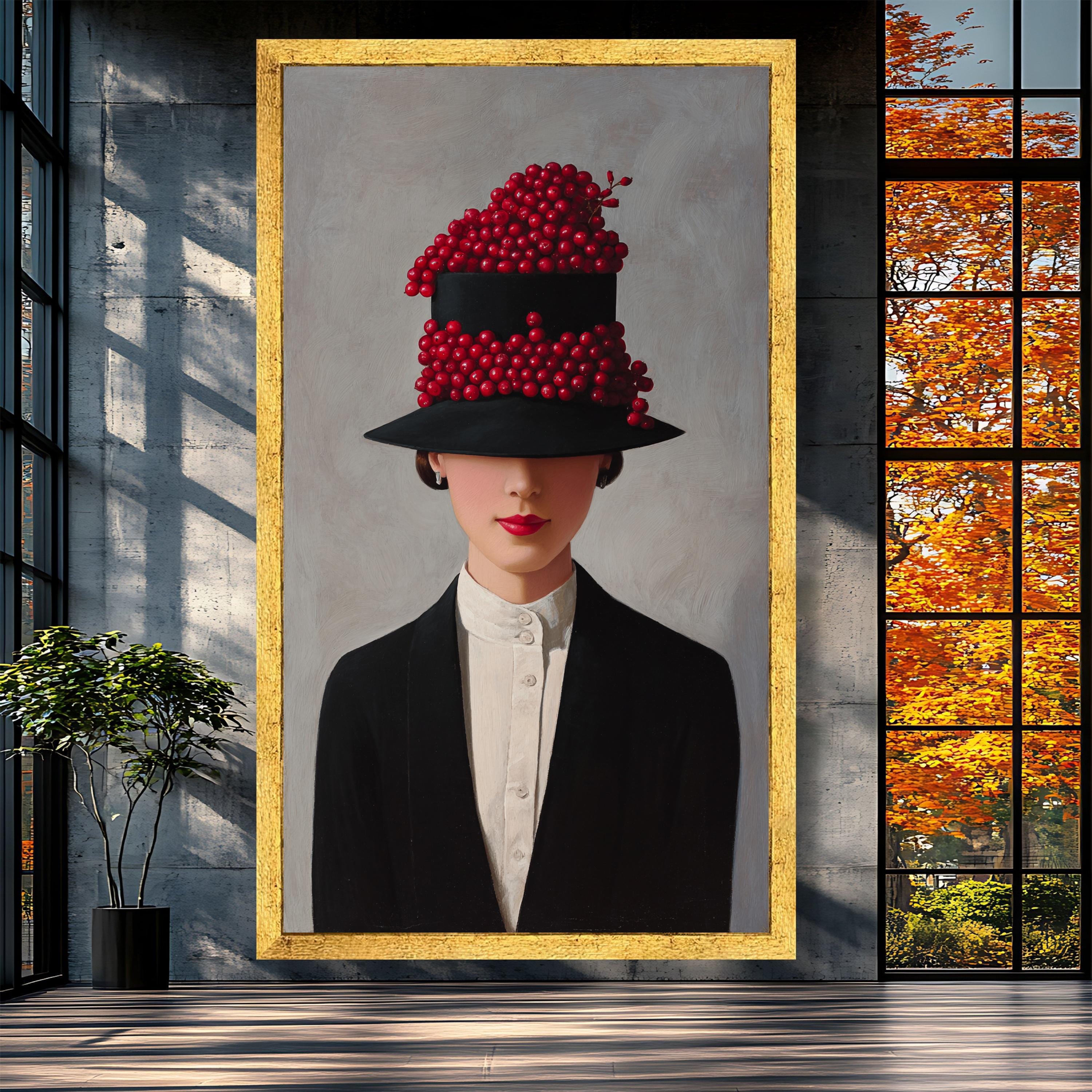 Elegant Woman With Black Hat and Red Berries, Fashion Portrait Canvas ...
