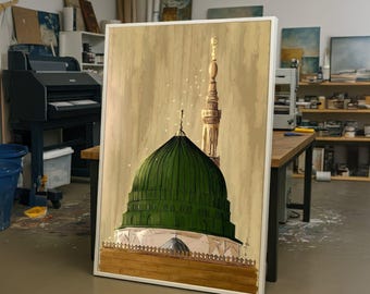 Green Dome Mosque Canvas Art, Islamic Architecture Painting, Religious Wall Decor, Spiritual Canvas Wall Art, Home Prayer Room Decoration
