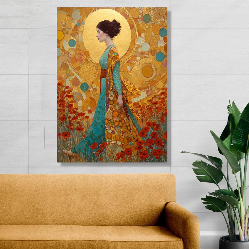 Gustav Klimt Woman in Floral Field Canvas, Golden Art Nouveau Wall Art ...