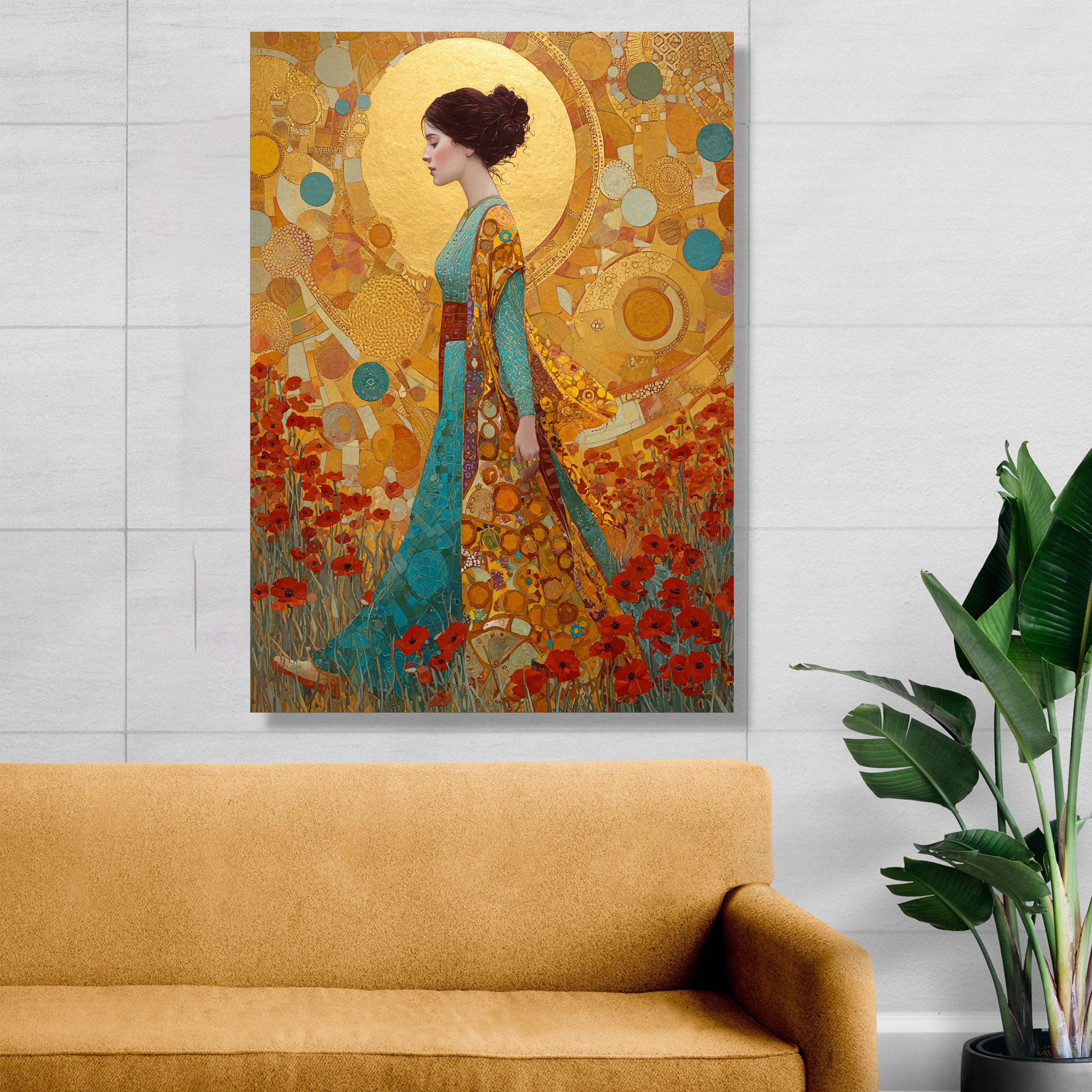 Gustav Klimt Woman in Floral Field Canvas, Golden Art Nouveau Wall Art ...