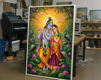 Krishna and Radha Divine Love Canvas, Indian Mythology Wall Art, Spiritual Hindu Deities Painting, Colorful Peacock Floral Canvas Decoration