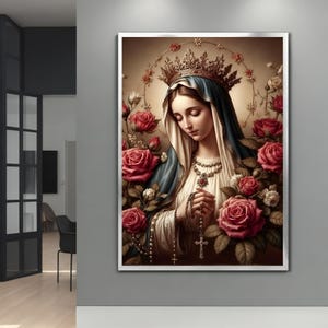 May include: A painting of the Virgin Mary with a crown of thorns and a rosary in her hands. She is surrounded by red roses and green leaves.
