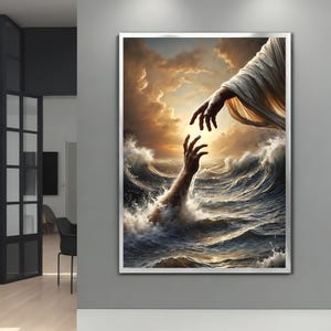 May include: A painting depicting a hand reaching out from a stormy sea towards a hand reaching down from a cloudy sky. The sky is filled with dramatic clouds and the sea is choppy and turbulent.