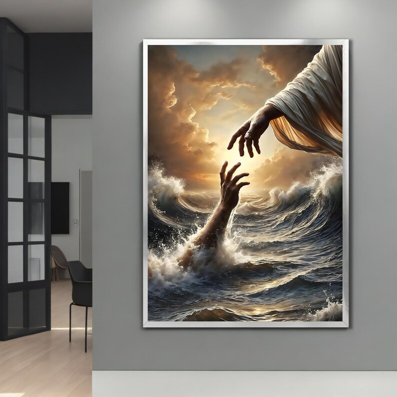 May include: A painting depicting a hand reaching out from a stormy sea towards a hand reaching down from a cloudy sky. The sky is filled with dramatic clouds and the sea is choppy and turbulent.