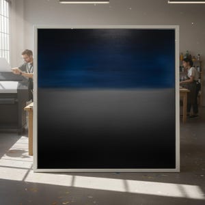 Puede incluir: Gran obra de arte abstracta enmarcada con un degradado de colores. La obra de arte pasa de un negro profundo en la parte inferior a un azul oscuro en el medio, y se desvanece a un gris más claro en la parte superior. El marco es blanco.