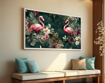 Tropical Flamingos Canvas Painting, Vibrant Bird Art, Floral Jungle Decor, Exotic Wildlife Artwork, Flamingo Lover Gift, Animal Painting