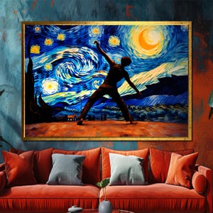 Starry Night Canvas Painting, Dancing Silhouette Modern Wall Art, Vibrant Blue Abstract Canvas, Living Room Wall Decor, Art Gift Idea