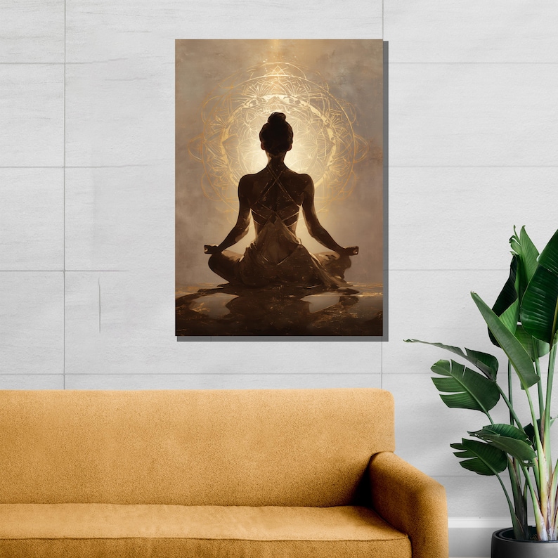 May include: A canvas print depicting a person in a meditative pose, silhouetted against a golden, circular design. The artwork features warm, earthy tones and a serene atmosphere, suitable for a meditation or yoga space.