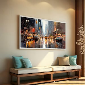 Vibrant Rainy Street in the City: Modern Urban Canvas Painting, Perfect Gift for Art Lovers