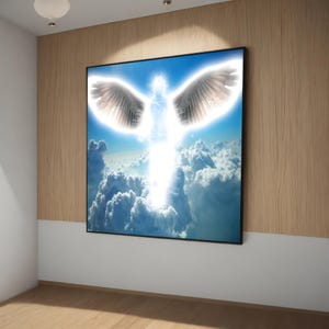 Angelic Light Canvas Art - Radiant Guardian Angel in the Clouds Wall Decor, Spiritual Heaven Artwork, Ready to Hang, Unique Gift