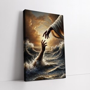 May include: A painting depicting a hand reaching out from stormy water towards a hand reaching down from a bright sky. The hand from the sky is wearing a white robe.