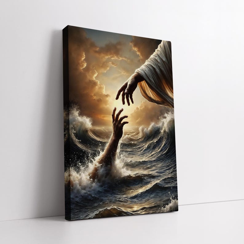 May include: A painting depicting a hand reaching out from stormy water towards a hand reaching down from a bright sky. The hand from the sky is wearing a white robe.