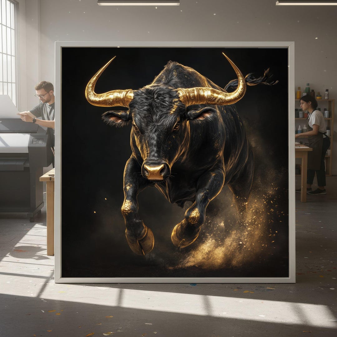 Majestic Charging Bull Canvas Wall Art, Gold Accent Bull Portrait ...