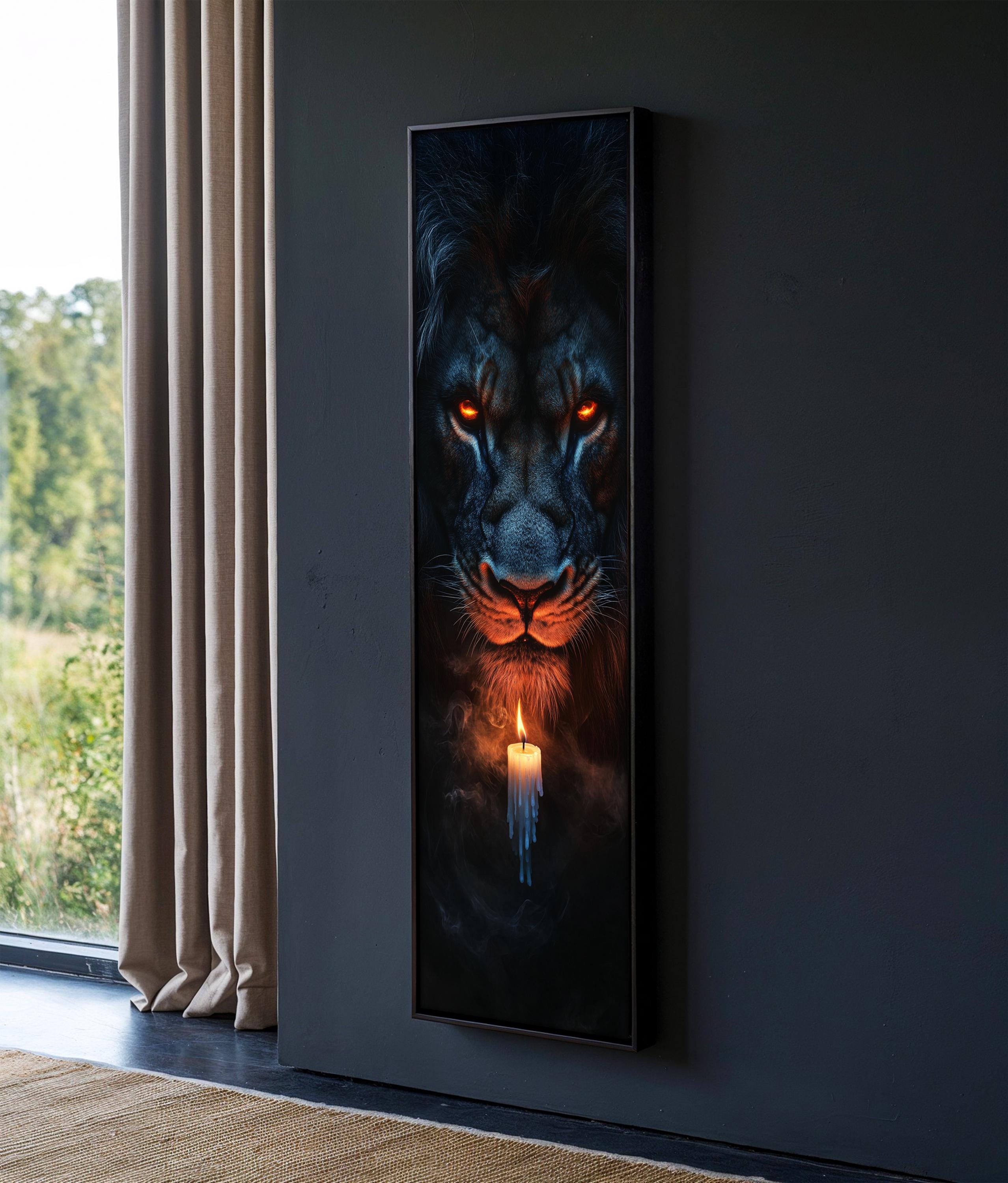Majestic Lion With Glowing Eyes and Candlelight Long Thin Wall Art