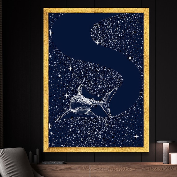 宇宙のサメのキャンバス壁アート、夜空の海のテーマ、シュールな海洋