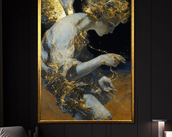 Pintura en lienzo de Ángel Dorado: elegante arte espiritual para pared, listo para colgar, ideal para interiores sagrados, clásicos o de lujo.