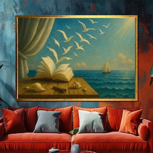 Surreale Ozeanbuch Fantasy Leinwand Gemälde, nautische Wandkunst, fertig zum Aufhängen, Geschenk für Leser, Traum Seelandschaft Dekor