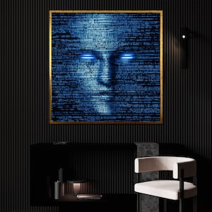 Cyberpunk AI Canvas Painting, Futuristic Digital Art, Sci-Fi Tech Wall Decor, Glowing Cyber Face Print, Hacker Aesthetic Gift for Gamers