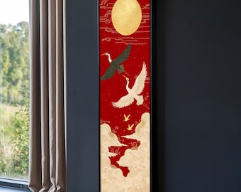 Golden Cranes and Sun Oriental Canvas Painting - Elegant Red & Gold Vertical Wall Decor, Japanese Bird Art, Long Thin Wall Art, Unique Gift