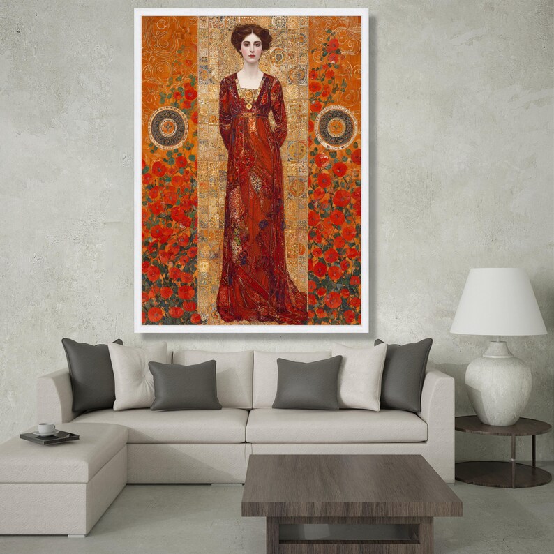 Gustav Klimt Style Portrait Canvas, Woman in Red Dress Wall Art ...