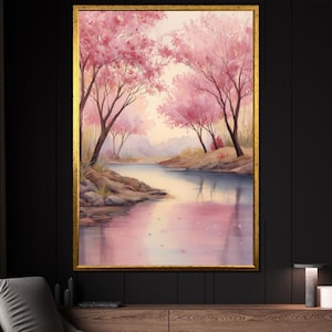 Cherry Blossom River Canvas Painting, Pink Spring Landscape Wall Art, Serene Nature Artwork With Trees And Water, Peaceful Scene Art Gift